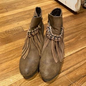 Brown Wedge Fringe Booties